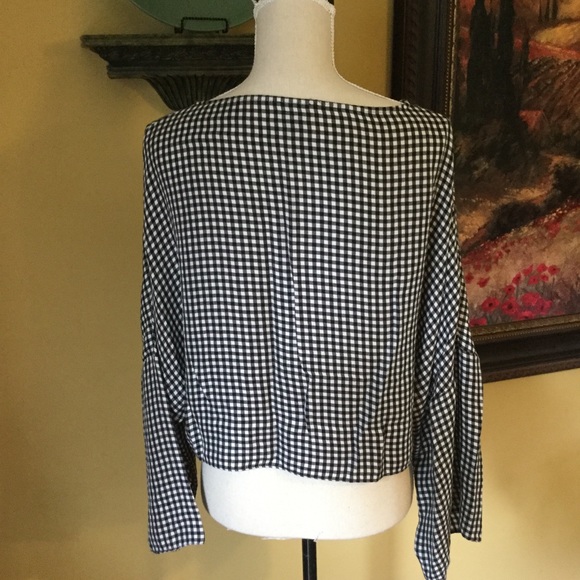 Topshop- Black/White checkered bell sleeve top. 10 - Picture 5 of 8